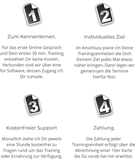 Zahlung Die Zahlung jeder Trainingseinheit erfolgt ber die Abrechnung einer 10er Karte die Du vorab bei mir erwirbst.   Zum Kennenlernen. Fr das erste Online Gesprch und Dein erstes 30 min. Training entstehen Dir keine Kosten. Verbunden sind wir ber eine fr Software, dessen Zugang ich Dir zumaile.    Individuelles Ziel Im Anschluss plane ich Deine Trainingseinheiten die Dich Deinem Ziel jedes Mal etwas nher bringen. Dann legen wir gemeinsam die Termine hierfr fest.    Kostenfreier Support Monatlich stehe ich Dir jeweils eine Stunde kostenfrei zu Fragen rund um das Training oder Ernhrung zur Verfgung.   1 2 3 4